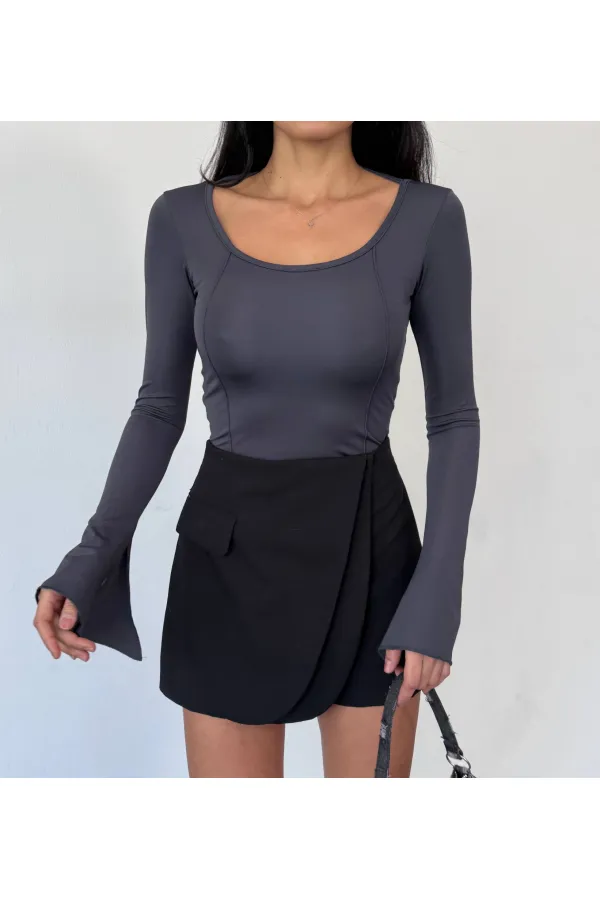 Kadın Antrasit Uzun Kollu Arkası Bağlamalı Fit Kesim Crop Bluz HZL25W-FRY122771