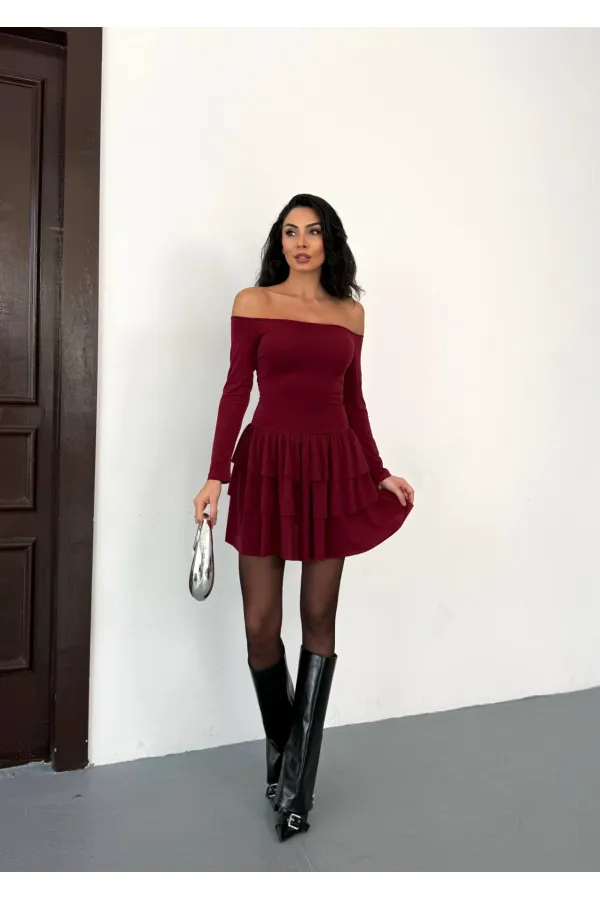 Women's Burgundy Strapless Neckline Layered Skirt Detail Mini Dress HZL25W-FRY123581