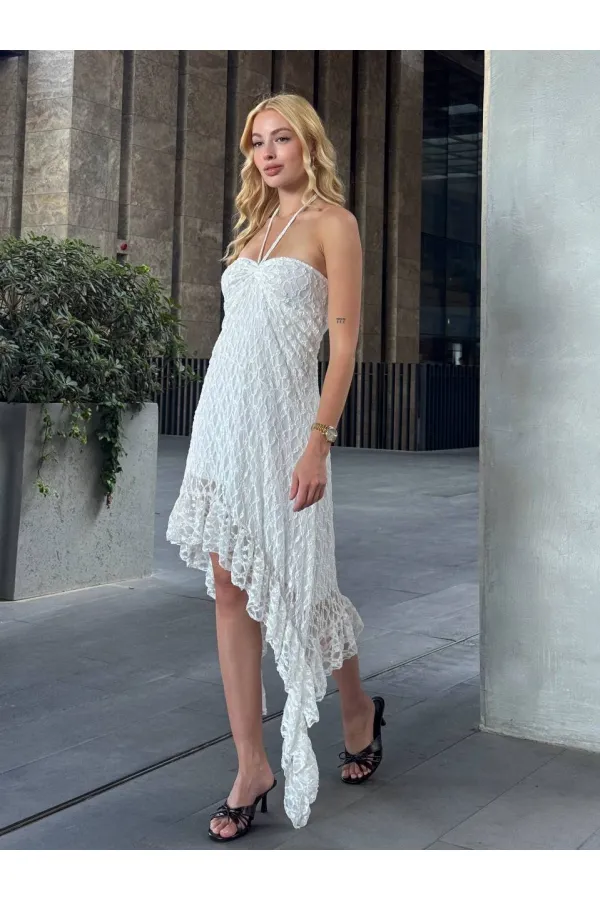 Women's White Halter Neck Strapless Asymmetrical Lined Lace Dress HZL25S-ZK13671