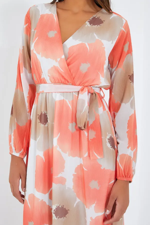 Robe en mousseline de soie orange et beige à fleurs pour femme 2134
