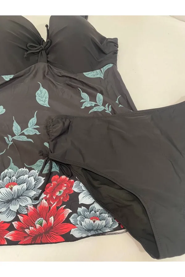 Robe noire à motifs floraux pour femme, modèle Tankini Slip HZL24S-LC4009