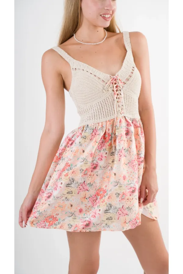 Robe courte ceinturée à col en V et motifs multicolores en satin pour femme HZL24S-YY250