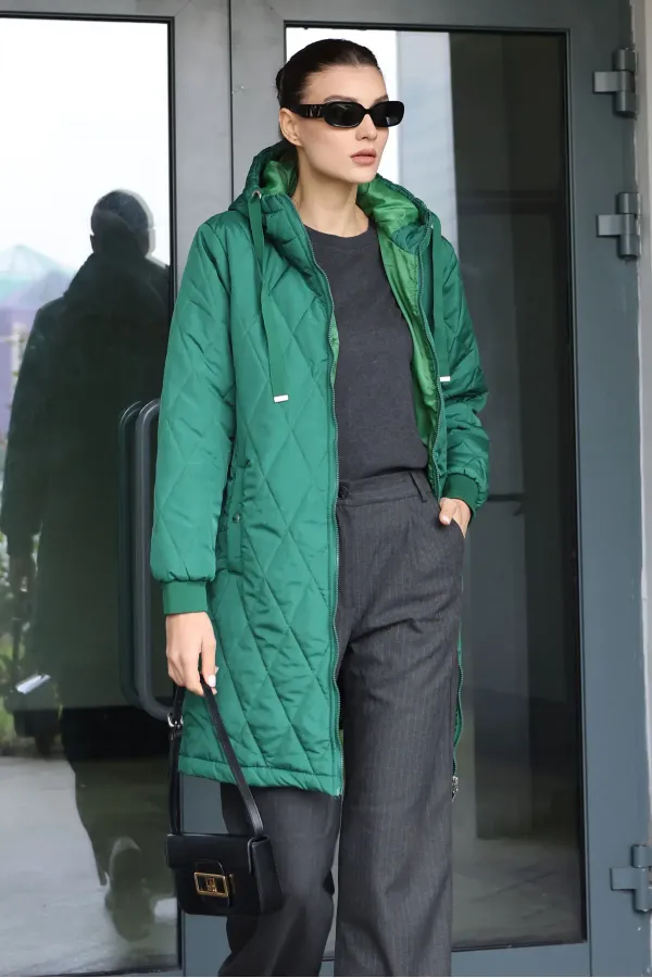 5138 Quilted Long Puffer Jacket - Emerald Green