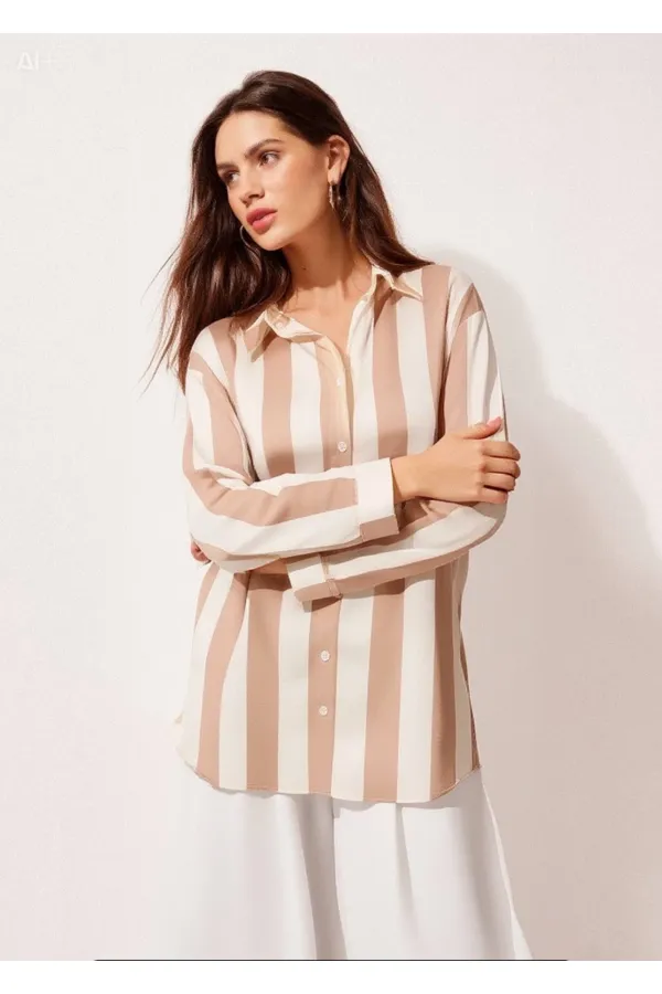 Kadın Bej Krem Çizgili Saten Gömlek HZL23S-BD1201731