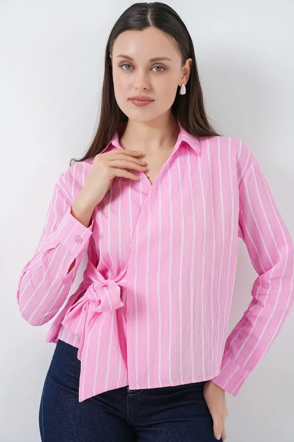 Chemise rayée à nouer sur le devant pour femme 20362 - Rose
