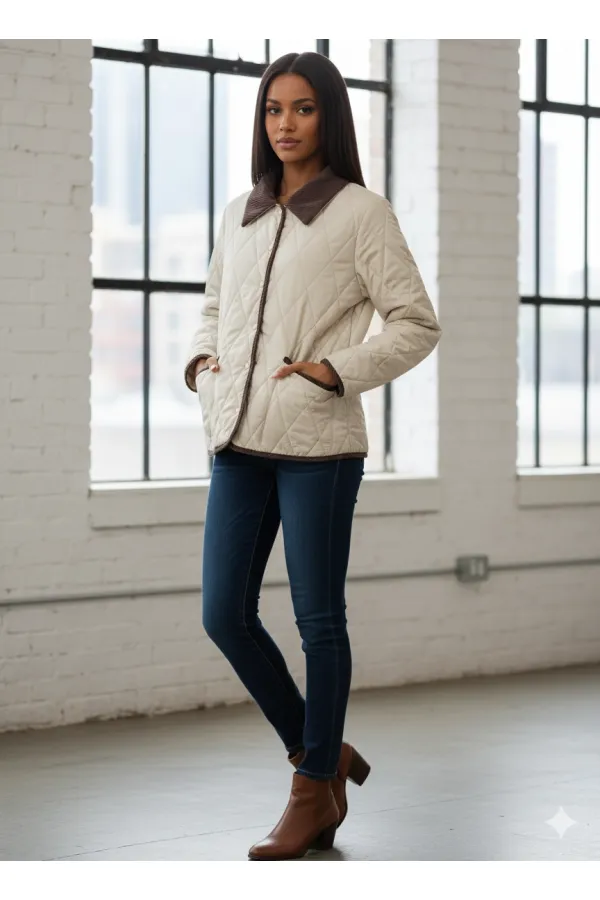 Manteau matelassé en velours crème à fermeture à pression pour femme HZL25W-BD152261