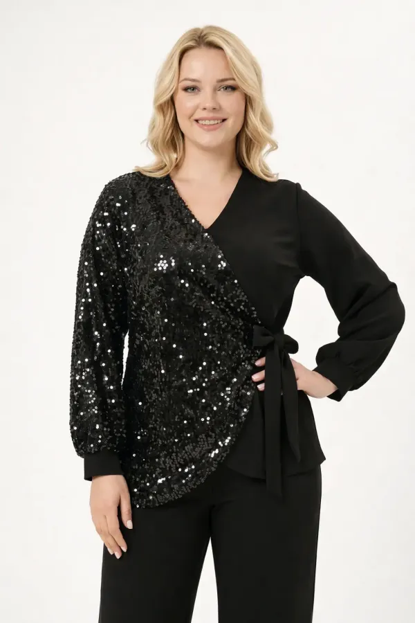 Kadın Siyah Büyük Beden Payet Detaylı Pantolon Bluz Abiye Takım HZL26W-PR10011