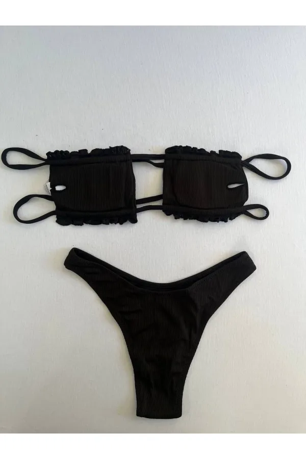 Women's Black String-Tied Gathered Strapless Bikini Set HZL25S-LC2226