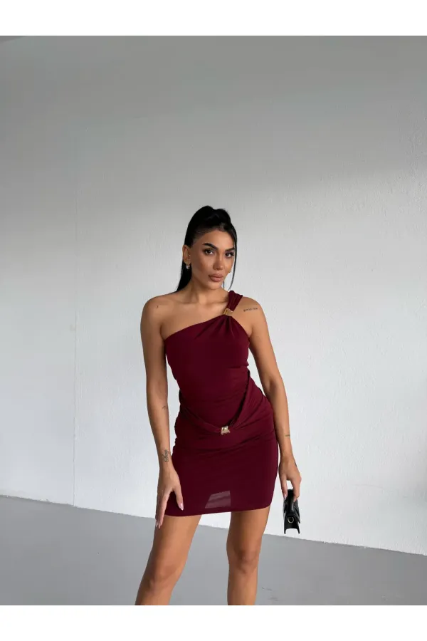 Women's Burgundy One-Shoulder Sandy Mini Dress with Gold Accessories HZL26W-FRY123781
