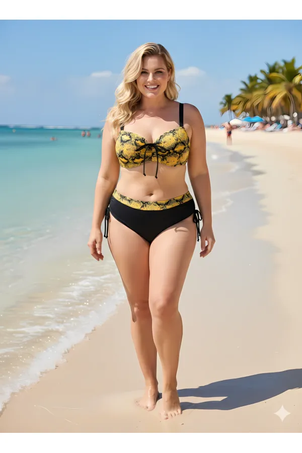 Kadın Sarı Siyah Desenli Taş İşlemeli Toparlayıcı Bikini Takım HZL25S-LC3333