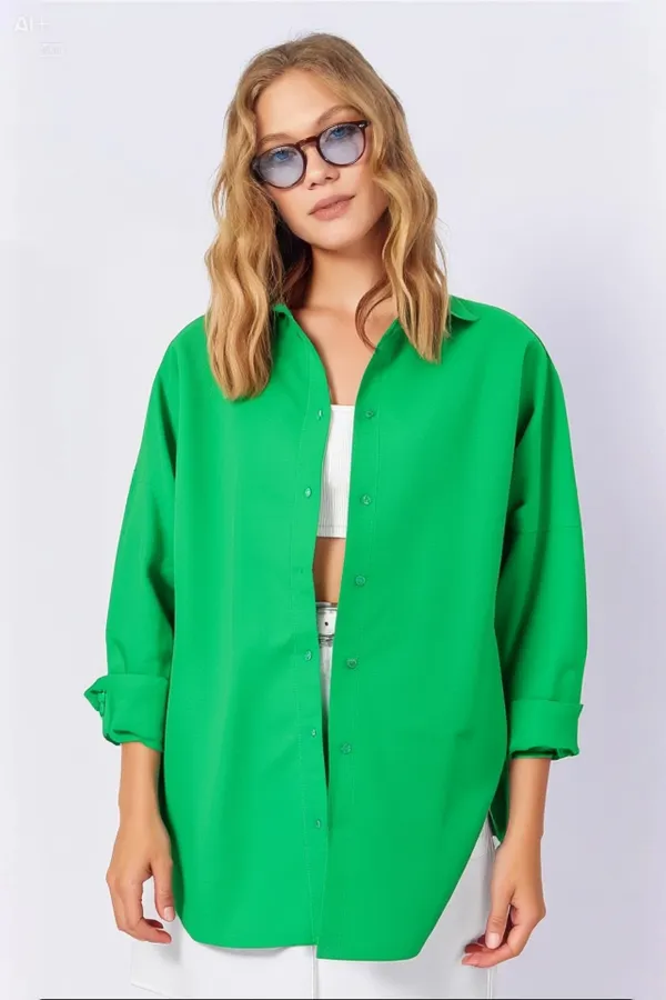 Kadın Koyu Yeşil Oversize Uzun Basic Gömlek  HZL22W-BD139001