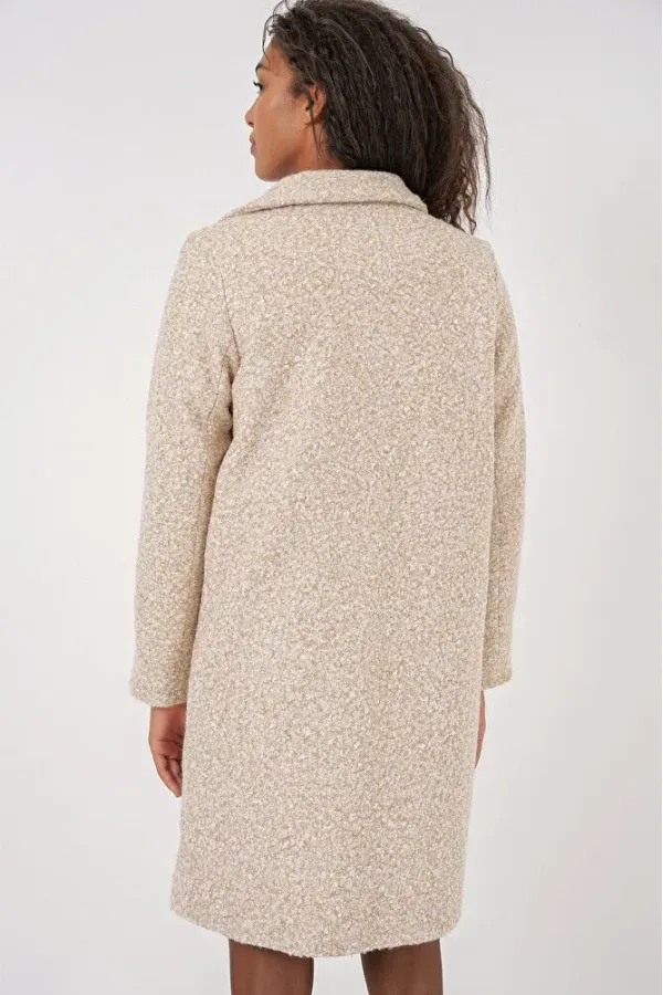 Manteau en cachemire bouclé doublé crème chiné pour femme, à un bouton et double poche HZL22W-BD190821