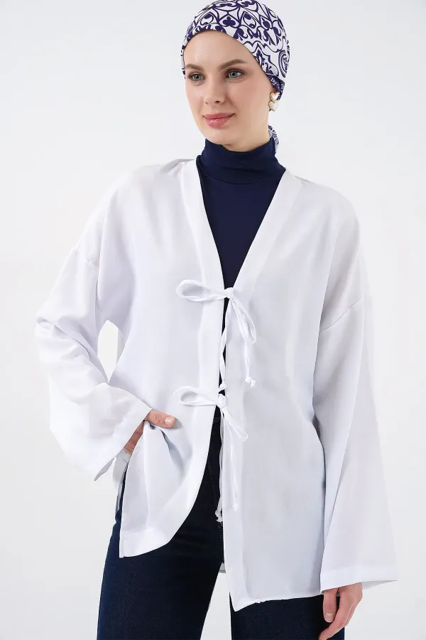 Kimono hijab en lin 5968 - Blanc