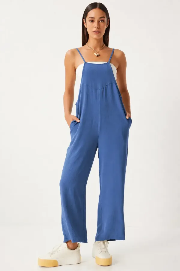 Women's Indigo Blue Adjustable Strap Wide Leg Overalls with Pockets HZL22S-BD170191
