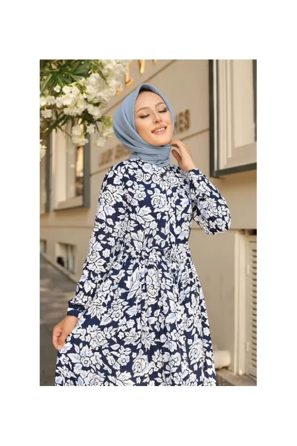 Kadın Lacivert Desenli Hakim Yaka Yazlık Uzun Elbise HZL25W-BD122971
