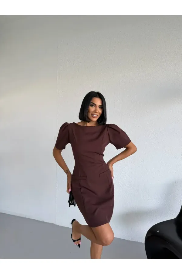 Women's Brown Boat Neck Welt Pocket Short Sleeve Mini Dress HZL26S-FRY123891 Women's Brown Boat Neck Welt Pocket Short Sleeve Mini Dress HZL26S-FRY123891