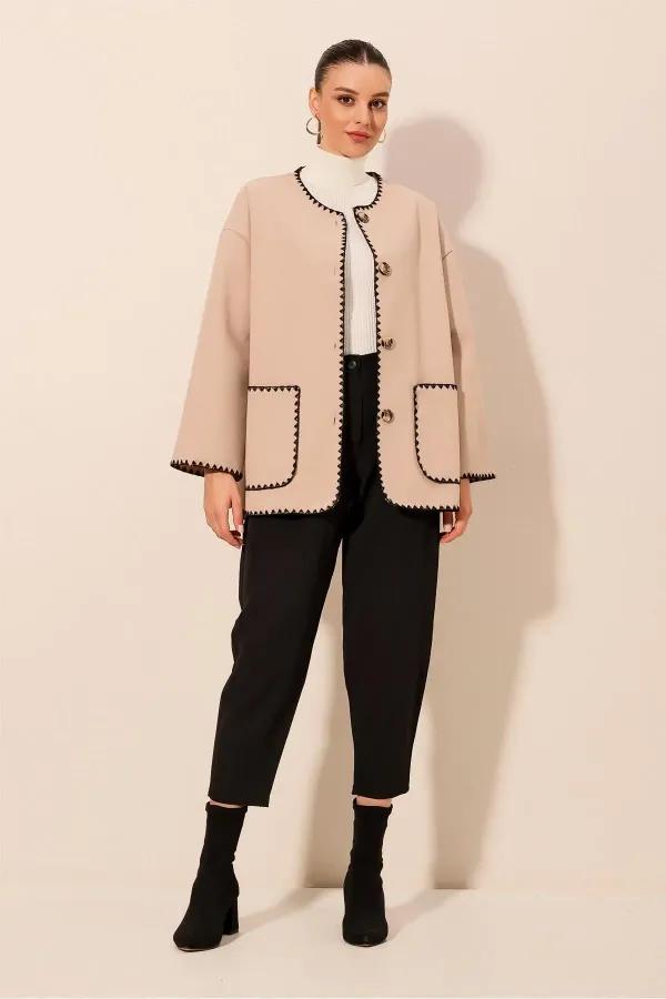 Veste en cachemire brodée Boyfriend 0690 - Beige