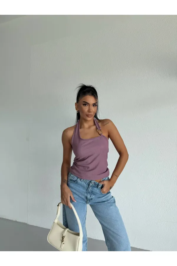 Kadın Lila Ottoman Kumaş Halter Yaka Toka Detay Bluz HZL26W-FRY123321
