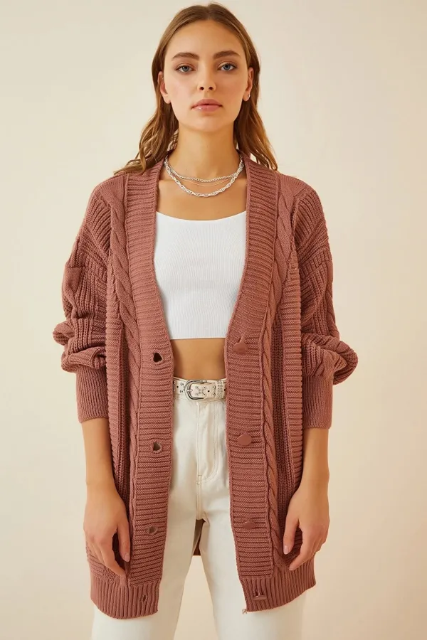 Women's Dusty Rose Hair Knitting Pattern Long Buttoned Casual Cut Knitwear Cardigan HZL23W-BD1100691
