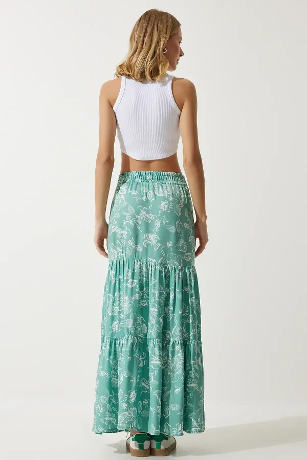 Kadın Yeşil Çiçek Desenli Beli Lastikli Volanlı Uzun Viskon Etek HZL24S-BD180071