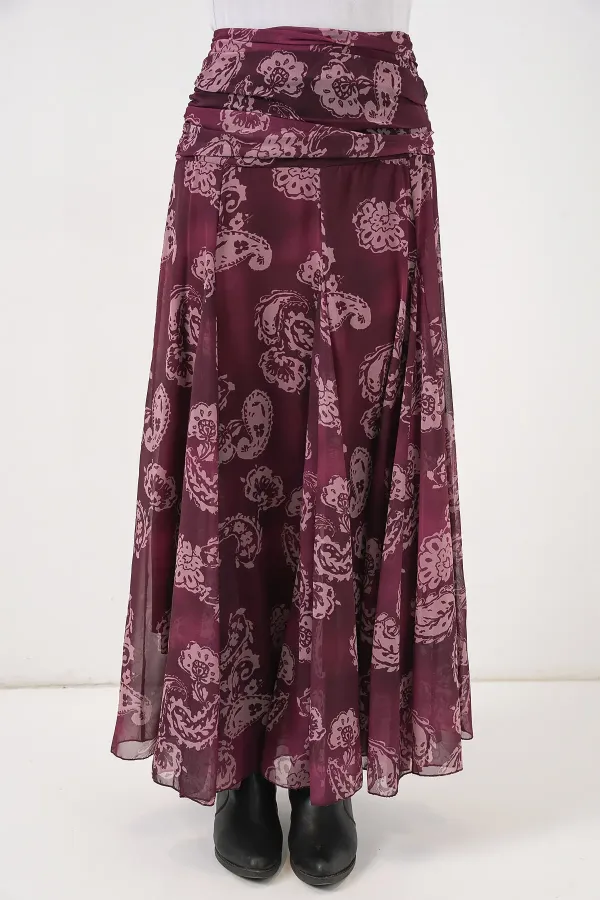 Women's Patterned Chiffon Skirt 8057 - Burgundy