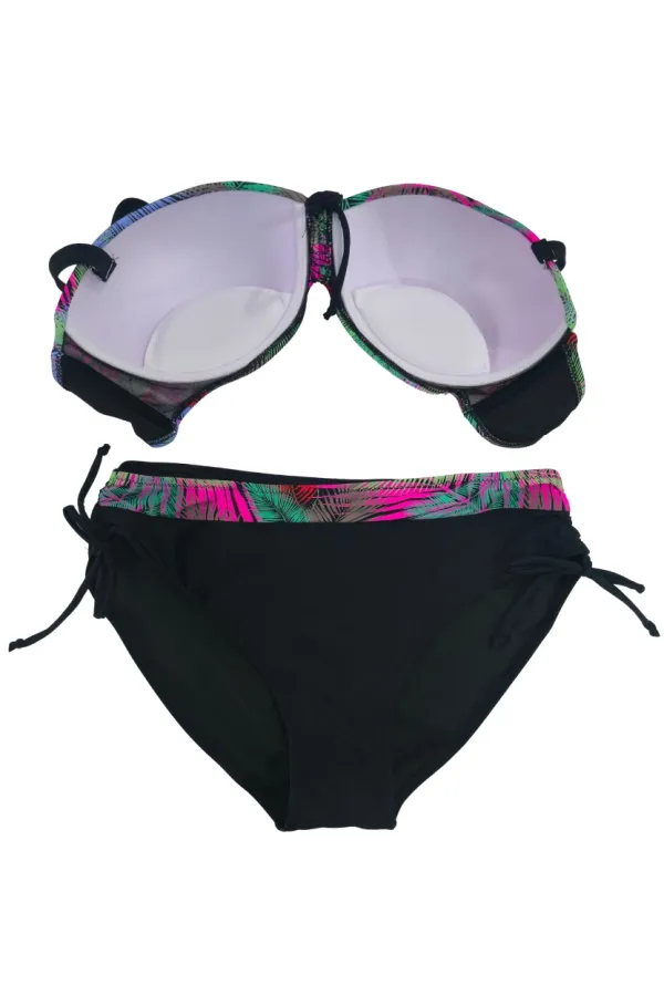 Women's Black Multicolored Patterned Lined Plus Size Bikini Set HZL25S-LC03