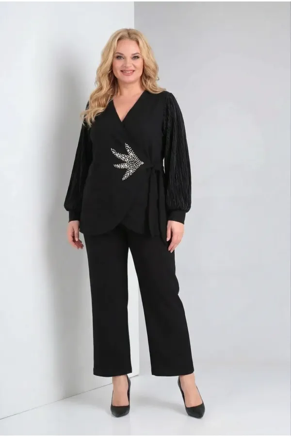 Robe de soirée noire grande taille pour femme, manches plissées et détails en perles HZL26W-PR10111
