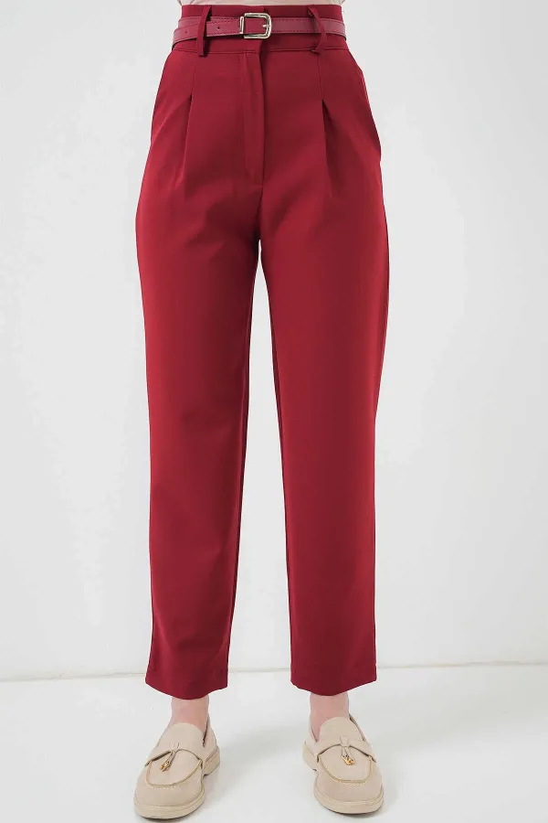 Kadın Bordo Yüksel Bel Kemerli Kumaş Pantolon HZL25S-BD167251