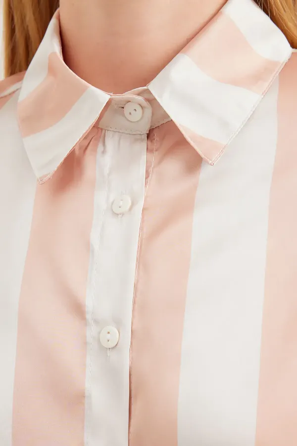 3964 Lightly Draped Striped Satin Shirt - Biscuit