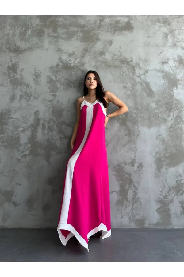 Kadın Pembe Beyaz Detaylı Asimetrik Kesim V Yaka Ayarlanabilir İp Askılı Elbise HZL24S-MJ113041