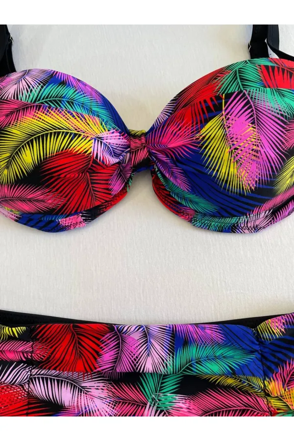 Kadın Siyah Sarı Kırmızı Çok Renk Desenli  Astarlı Büyük Beden Bikini Takımı HZL25S-LC06