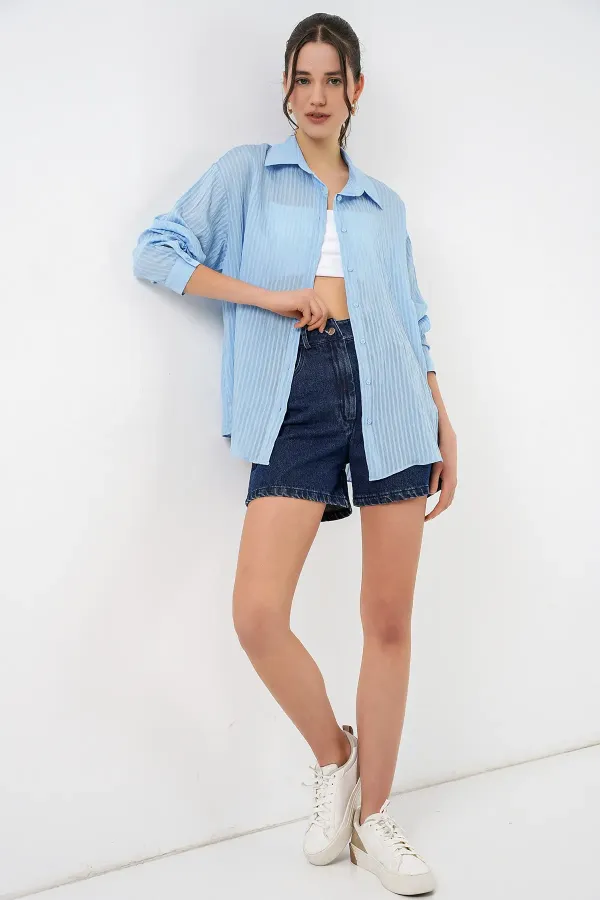 Kadın Uzun Oversize Gömlek 20320 - Mavi