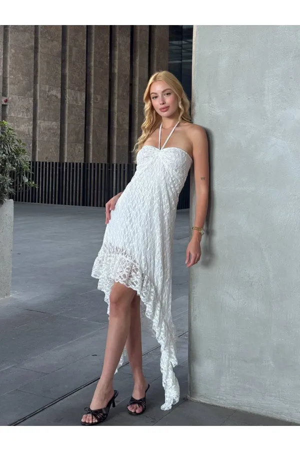 Women's White Halter Neck Strapless Asymmetrical Lined Lace Dress HZL25S-ZK13671