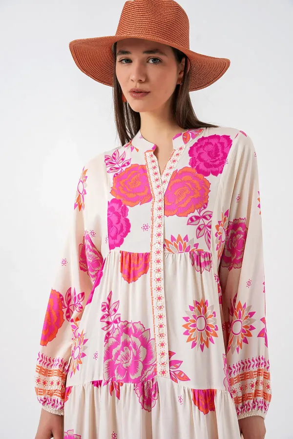 Kadın Desenli Uzun Tesettür Elbise 2585 - L. Fuşya