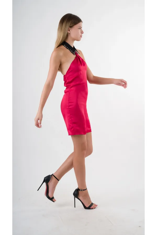 Kadın Kırmızı Halter Yaka Saten Kumaş Sırt Dekolteli Mini Elbise HZL24S-YY262