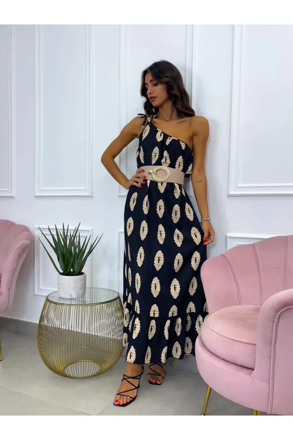 Kadın Siyah Baskılı Omuzdan Bağlamalı Astarsız Uzun Elbise HZL24S-DSB135911