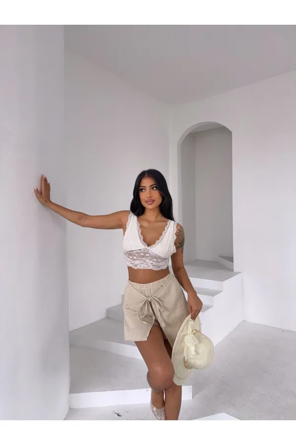 Kadın Bej Bağlama Detay Müslin Şort HZL25S-DSB2323