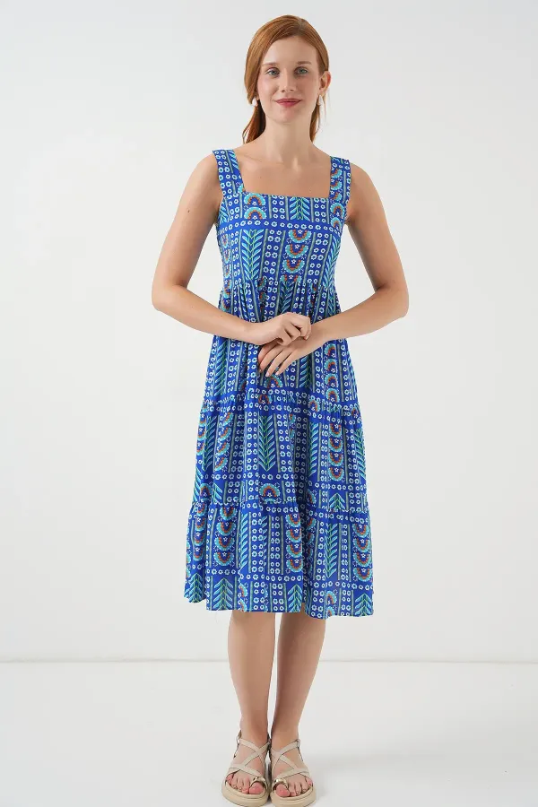 Robe midi à bretelles à motifs pour femme 2577 - Bleu marine