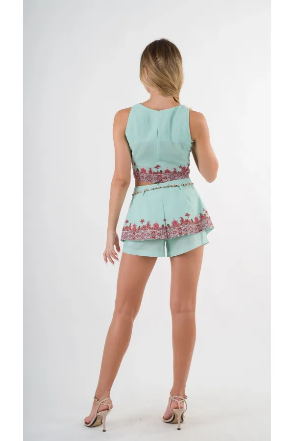Kadın Su Yeşili Etnik Desenli Beli Kuşaklı Bluz Şort İkili Takım HZL24S-YY261