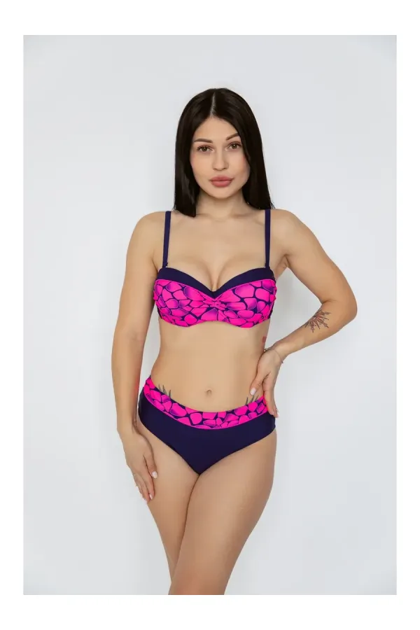 Women's Fuchsia Navy Blue Patterned Lined Bikini Set HZL25S-LC25143