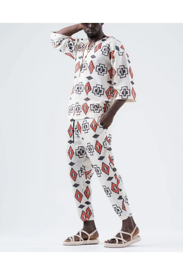 Pantalon de survêtement blanc à motif géométrique pour homme, coupe droite, taille nouée, HZL24S-MXC8948-149