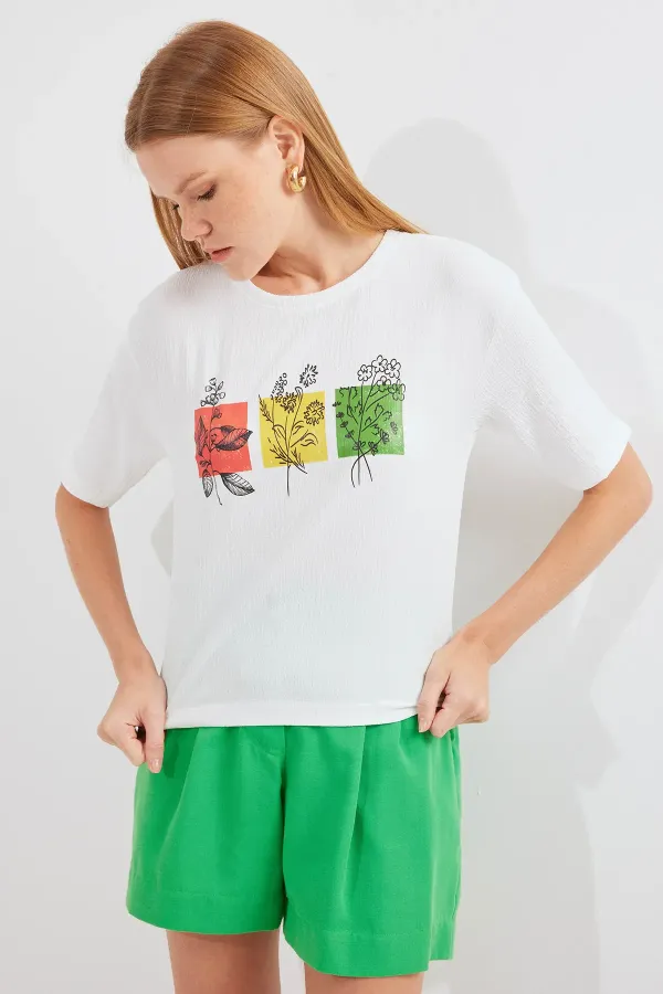 T-shirt basique imprimé en maille 913 - Blanc