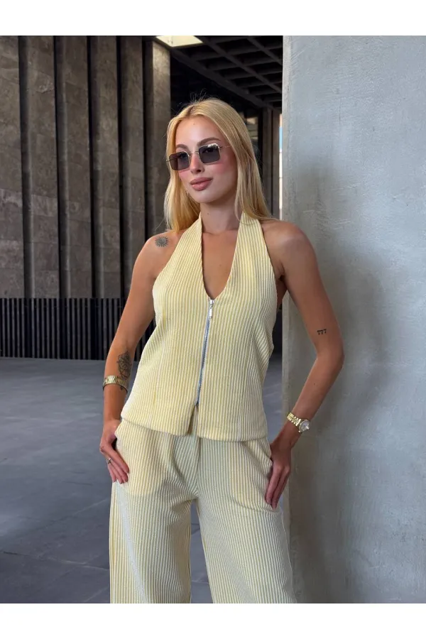 Kadın Sarı Çizgili Önü Fermuarlı Bluz Pantolon İkili Takım HZL25S-ZK13691