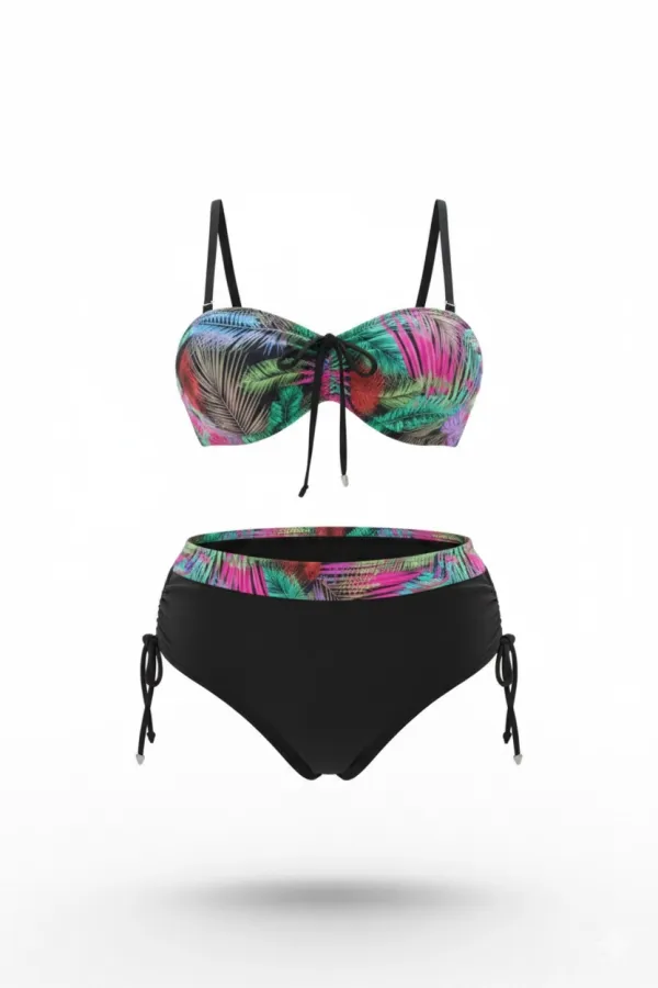 Women's Black Multicolored Patterned Lined Plus Size Bikini Set HZL25S-LC03