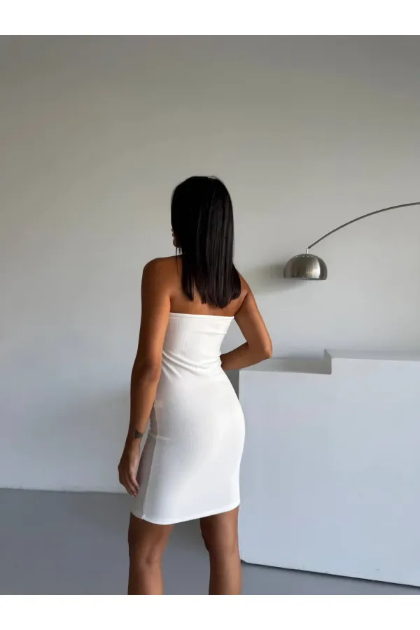 Women's White Ottoman Fabric Halter Neck Buckle Detail Dress HZL26W-FRY123411