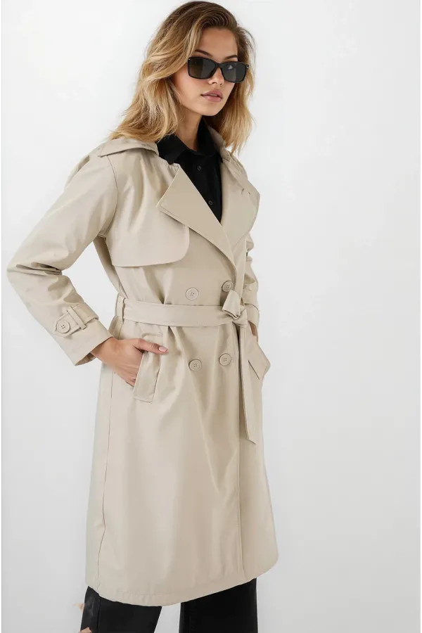 Women's Beige Double-Breasted Belted Lined Trench Coat HZL25W-BD159181