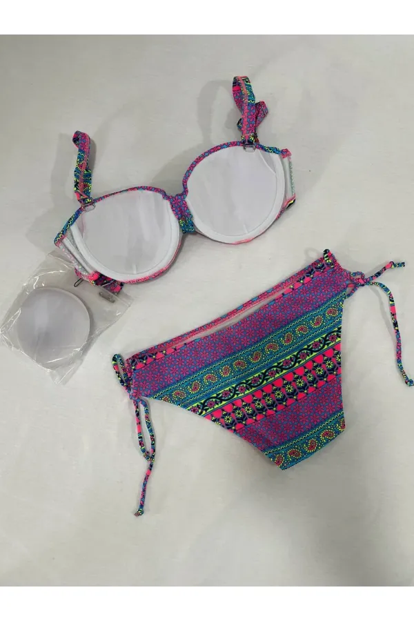 Kadın Fuşya Çok Renkli Etnik Desen Atarlı Bikini Takımı HZL25S-LC8004