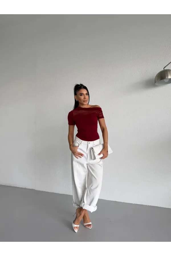 Kadın Bordo Tek Omuz Transparan Tül Detaylı Şık Sandy Bluz HZL26S-FRY123871