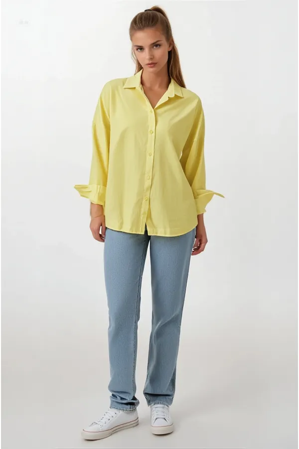 Kadın Sarı Oversize Uzun Basic Gömlek Hzl22w-bd139001