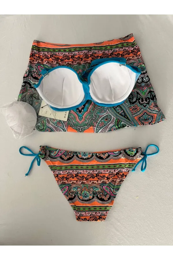 Kadın Mavi Taş İşlemeli Desenli 3 Parça Bikini Takım HZL25S-LC3326